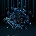 Futuristic Geometric Pendant with Blue Lines Spherical Structure Hanging Small Cubes Dark Background Glowing Effect