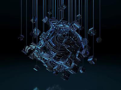 Futuristic Geometric Pendant with Blue Lines Spherical Structure Hanging Small Cubes Dark Background Glowing Effect 3d model