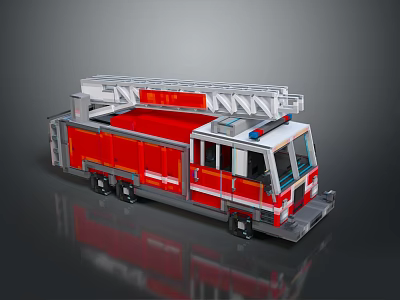 Detailed Red Fire Truck Lego Brick Model With Extended Ladder And White Top 3d model