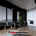 Modern Restaurant Interior Open Concept with Dining Table Chairs Pendant Lights and Window Blinds 3d model