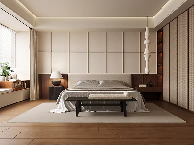 Modern Bedroom Interior With Upholstered Wall Panels King Size Bed Pendant Light And Wooden Flooring 3d model