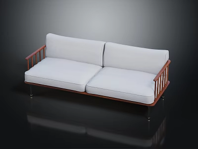 Stylish Two Seater Sofa With Wooden Armrests Light Colored Cushions And Metal Legs 3d model