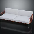Stylish Two Seater Sofa With Wooden Armrests Light Colored Cushions And Metal Legs