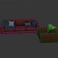 Red Sofa And Armchair With Colorful Cushions And Patterned Blankets