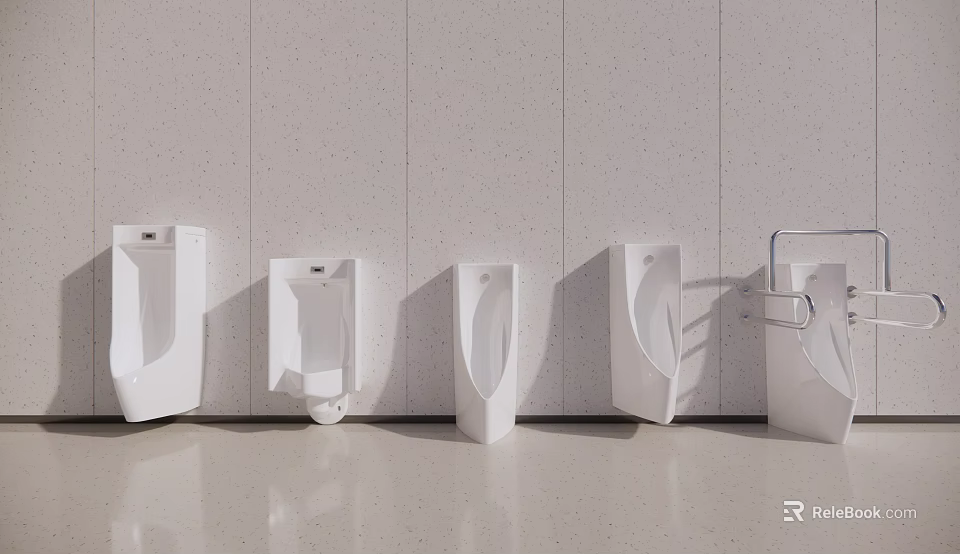 Modern Urinals in Public Restroom with Light Textured Walls and Smooth Floor 3d model 