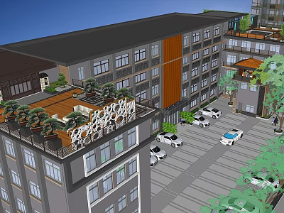 Residential Landscape With Multi Story Building Rooftop Greenery And Parking Area 3d model