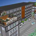 Residential Landscape With Multi Story Building Rooftop Greenery And Parking Area