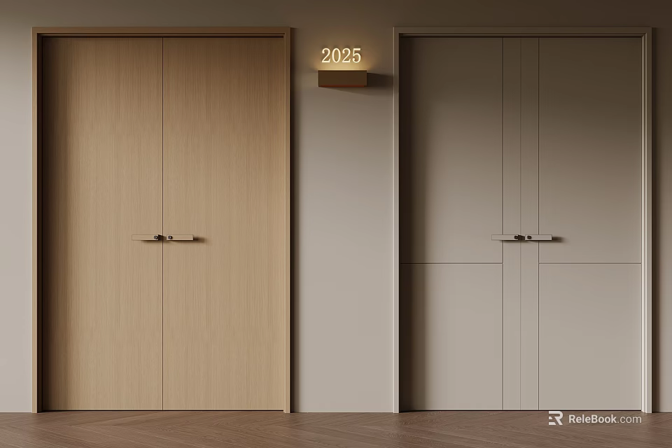 Modern Interior Doors Light Wood Double And Light Gray Paneled With Wall Lamp Displaying 2025 3d model 