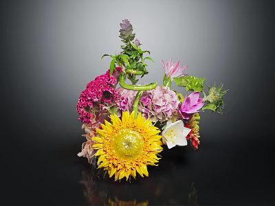 Colorful Flower Arrangement With Sunflower Pink Purple Blooms And Green Leaves 3d model