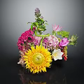 Colorful Flower Arrangement With Sunflower Pink Purple Blooms And Green Leaves