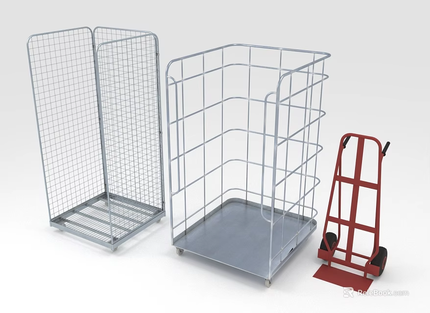 Metal Wire Storage Baskets And Red Hand Truck With Metal Frame For Industrial Transport 3d model 