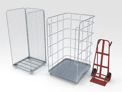 Metal Wire Storage Baskets And Red Hand Truck With Metal Frame For Industrial Transport 3d model