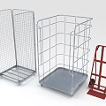 Metal Wire Storage Baskets And Red Hand Truck With Metal Frame For Industrial Transport