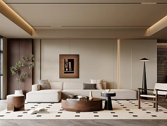 Mid-ancient style living room sofa coffee table combination potted floor lamp hanging picture solid wood end view dried flowers 3d model