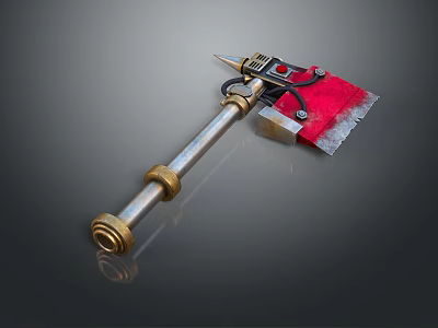 Unique Weapon Featuring Metal Pole Golden Accents Red Component And Serrated Edge 3d model