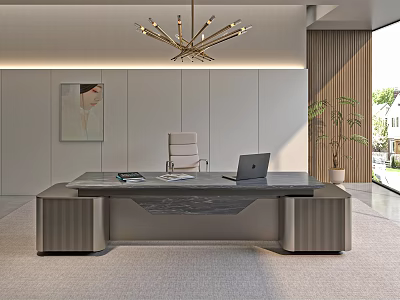 Modern Office Desk With Laptop Documents Ergonomic Chair Chandelier And Potted Plant 3d model