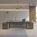 Modern Office Desk With Laptop Documents Ergonomic Chair Chandelier And Potted Plant