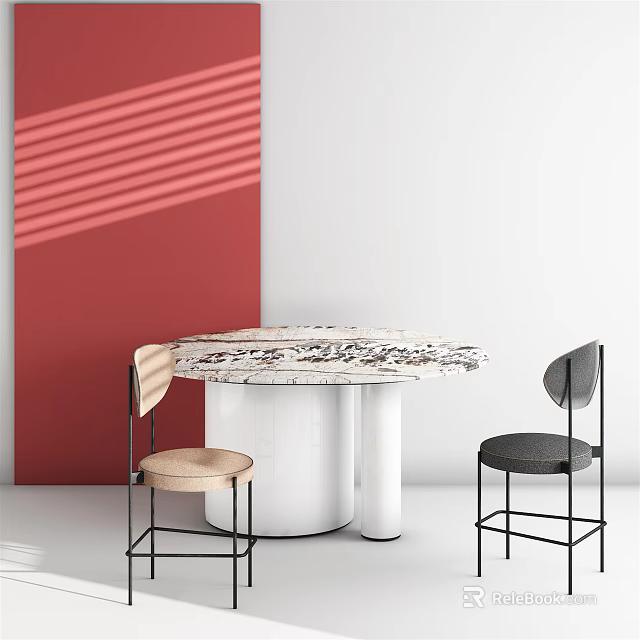 Modern Round Marble Dining Table Set With Two Beige Black Chairs Red Wall Striped Shadow 3d model