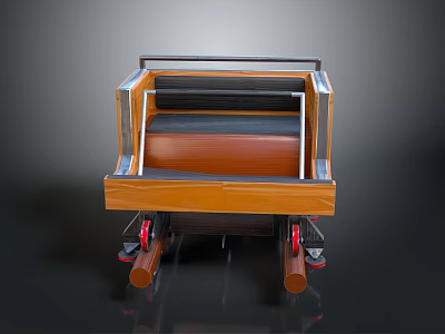 Wooden Utility Cart Featuring Metal Frame Black Cushion And Red Rolling Wheels 3d model