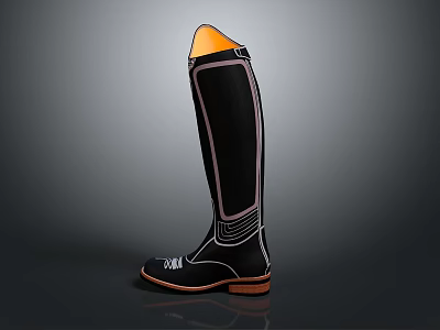 Black Knee High Boots With Orange Toe Cap And Decorative Stitching Design 3d model