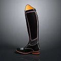 Black Knee High Boots With Orange Toe Cap And Decorative Stitching Design