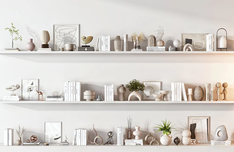 Minimalist Modern Decorative Ornament Set with Vases Photo Frames and Potted Plants on White Shelves 3d model 