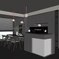 Modern Restaurant Interior With Open Layout Dark Cabinets Island Dining Table And Chairs