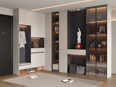 Modern Shoe Cabinet With Glass Doors Storage Compartments And Decorative Display Shelves 3d model