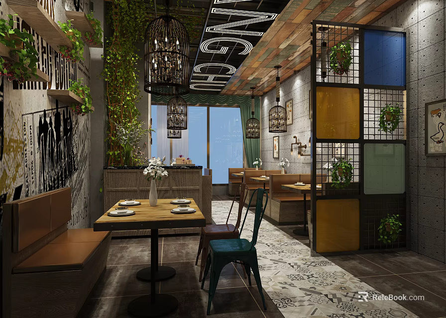 Cozy Modern Restaurant Interior With Green Plants Birdcage Pendant Lights And Colorful Wall Panels 3d model 