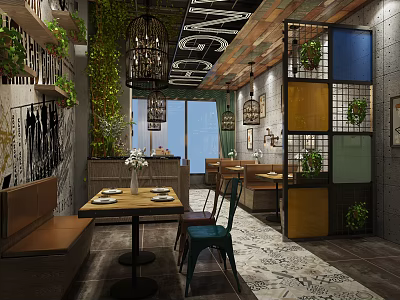 Cozy Modern Restaurant Interior With Green Plants Birdcage Pendant Lights And Colorful Wall Panels 3d model
