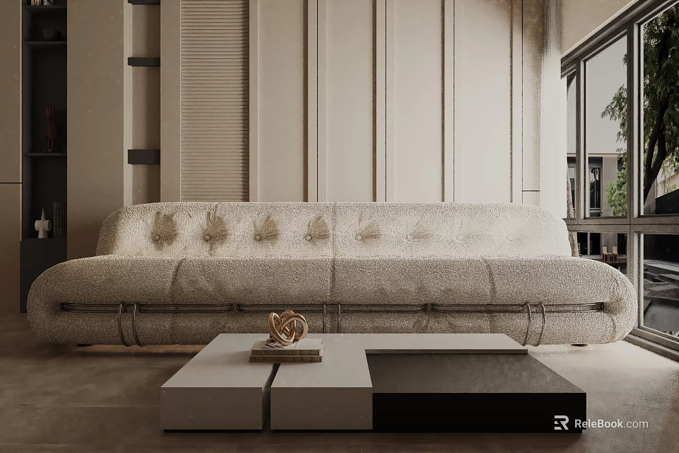 Three Seater Textured Sofa With Button Tufting White Black Coffee Table Neutral Walls Natural Light 3d model 