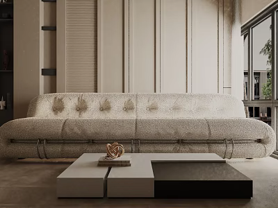 Three Seater Textured Sofa With Button Tufting White Black Coffee Table Neutral Walls Natural Light 3d model