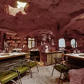 Cave Style Restaurant Interior With Rock Walls Ceiling Windows And Tables Chairs 3d model