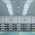 Finished Goods Warehouse Interior With Shelves Cardboard Boxes Green Flooring And No Smoking Signs