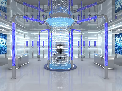 Futuristic Tech Space Interior With Blue Illuminated Circular Structure Control Panels And Digital Numeric Displays 3d model