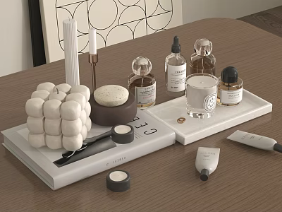 Elegant Perfume Cosmetics Arranged On White Tray With Bottles And Decorative Balls 3d model