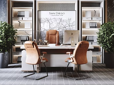 Modern Office Desk Setup With Three Brown Chairs Computer Bookshelves And Green Plants 3d model