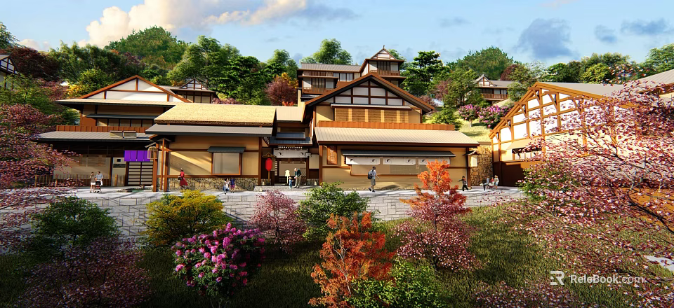 Traditional Ancient Architecture Exterior With Surrounding Green Trees And Colorful Floral Gardens 3d model 