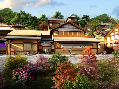 Traditional Ancient Architecture Exterior With Surrounding Green Trees And Colorful Floral Gardens 3d model