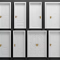 White Interior Hinged Doors Featuring Different Panel Patterns And Golden Handles 3d model