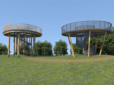Circular Road Observation Decks With Spiral Stairs Wooden Structures And Metal Railings On Grassland 3d model