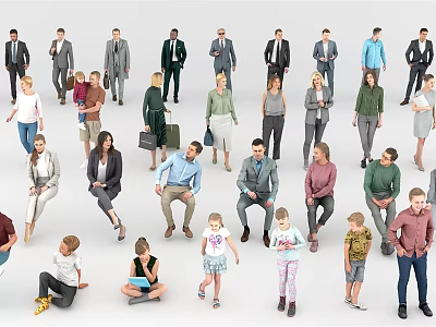 Group of People in Various Poses and Attire Including Adults and Children 3d model