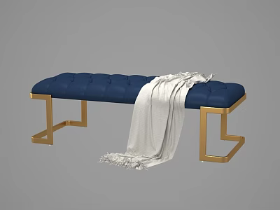 Blue Tufted Bench with Gold Metal Frame and White Throw Blanket Design 3d model
