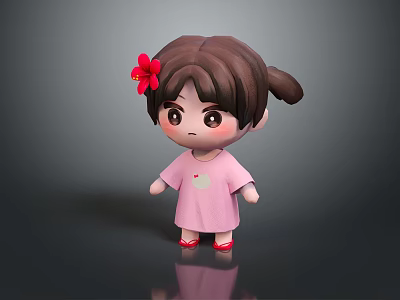 Cartoon Girl In Pink Dress With Green Pattern Brown Hair Pigtails Red Flower And Shoes 3d model