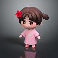 Cartoon Girl In Pink Dress With Green Pattern Brown Hair Pigtails Red Flower And Shoes