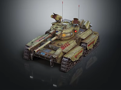 Military Armored Tank With Camouflage Paint Turret Cannon Antennas Tracks And Red Lights 3d model