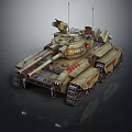 Military Armored Tank With Camouflage Paint Turret Cannon Antennas Tracks And Red Lights