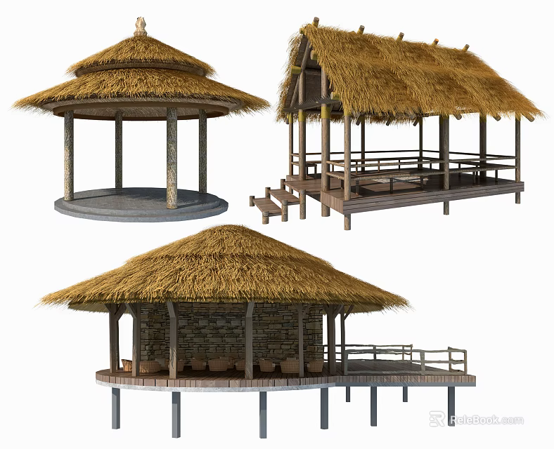 Traditional Rustic Thatched Structures With Round Pavilion Steps And Wooden Supports 3d model 