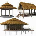 Traditional Rustic Thatched Structures With Round Pavilion Steps And Wooden Supports