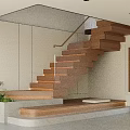 Modern Wooden Staircase With Glass Railing Floating Steps And Green Plant In Interior